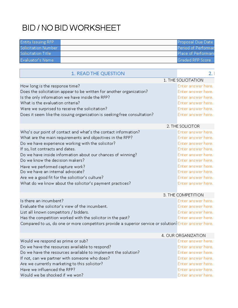 bid no bid worksheet modèles