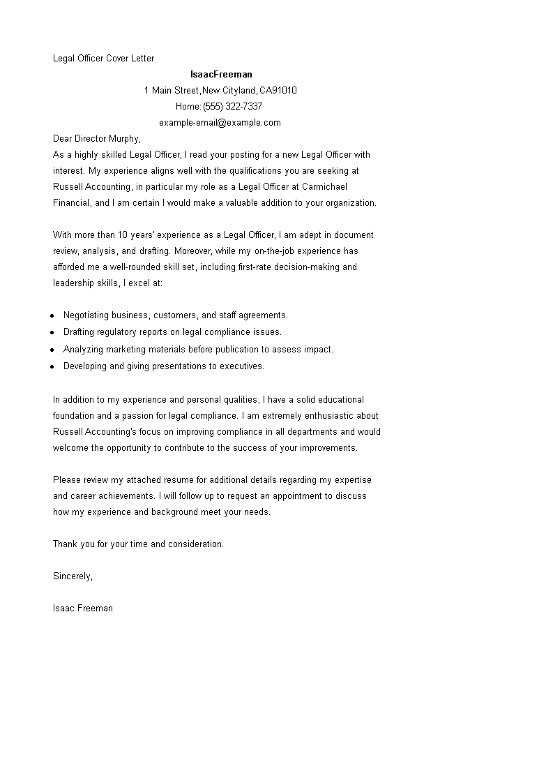 legal officer cover letter template