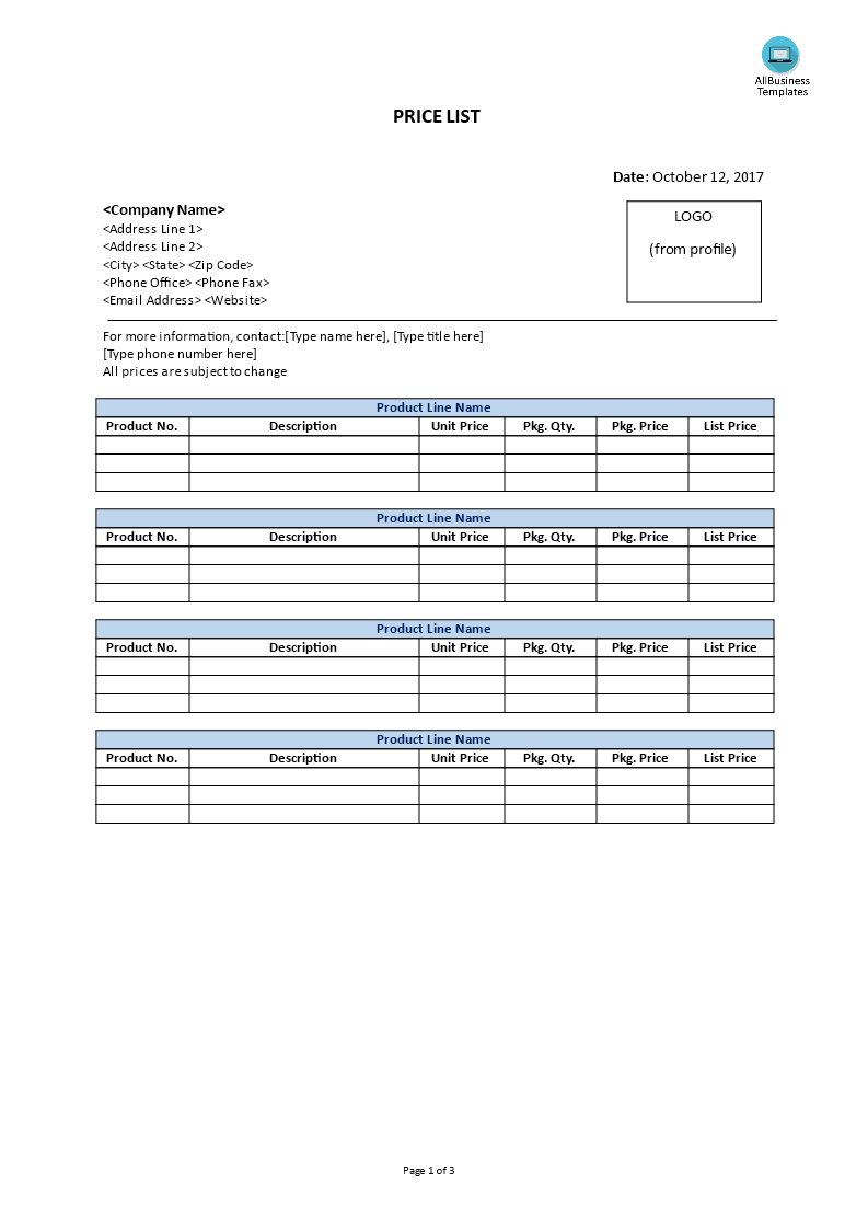 price list plantilla imagen principal