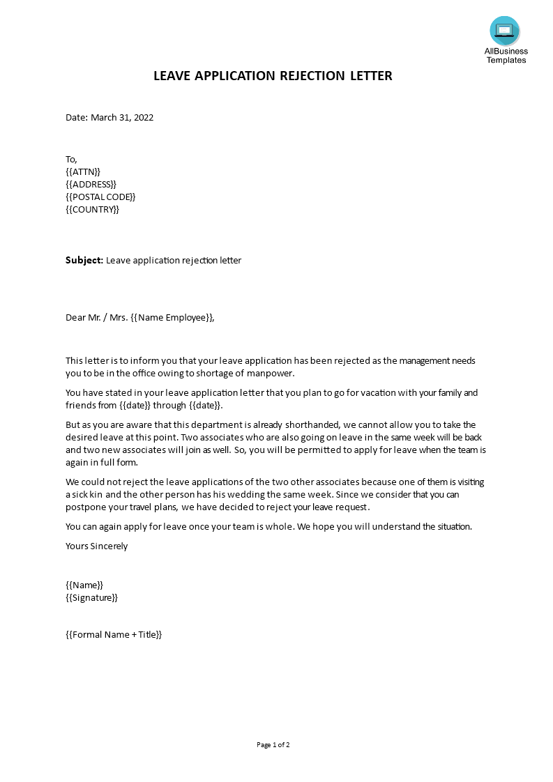 Leave Application Rejection Letter Gratis
