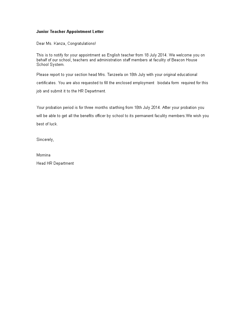 junior teacher appointment letter template