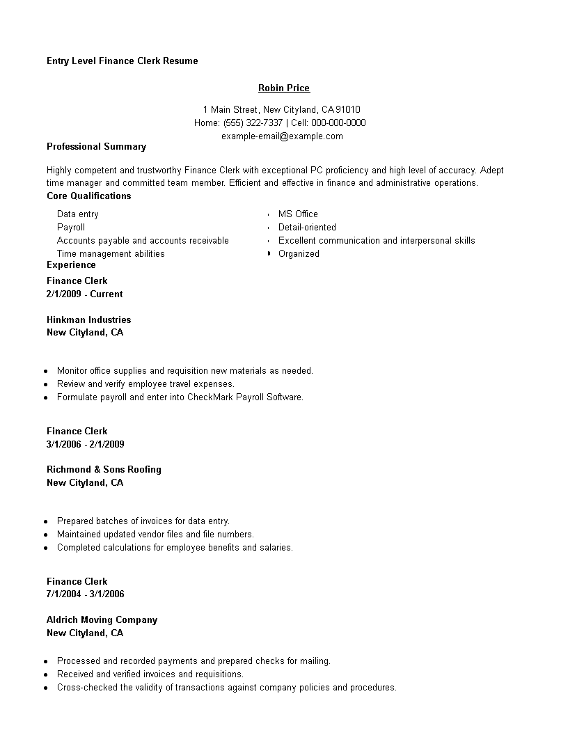 Entry Level Finance Clerk Resume main image