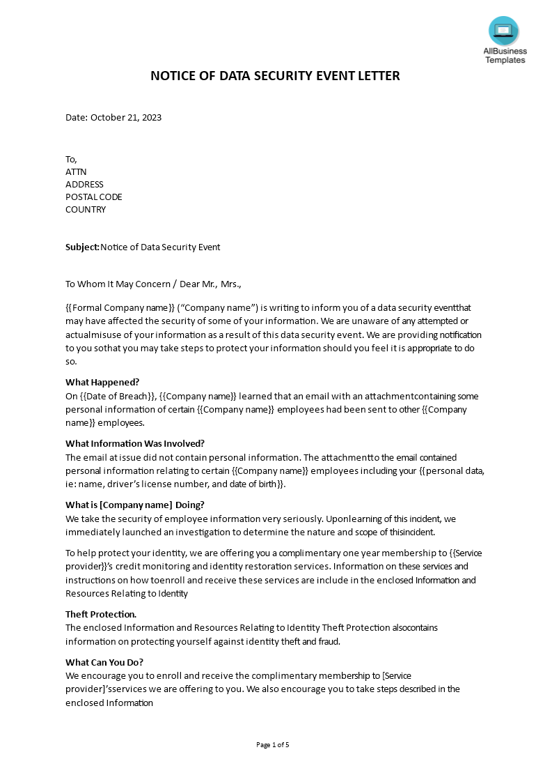 notice of data security event letter template voorbeeld afbeelding 