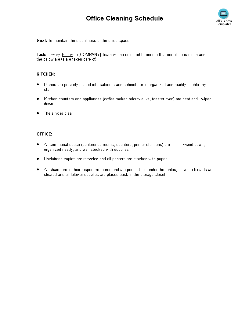 office cleaning schedule template