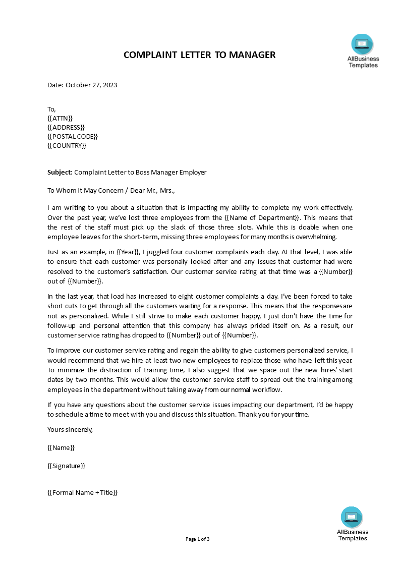 Formal Letter Of Complaint To Employer Template