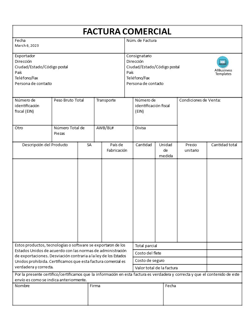 factura comercial modèles