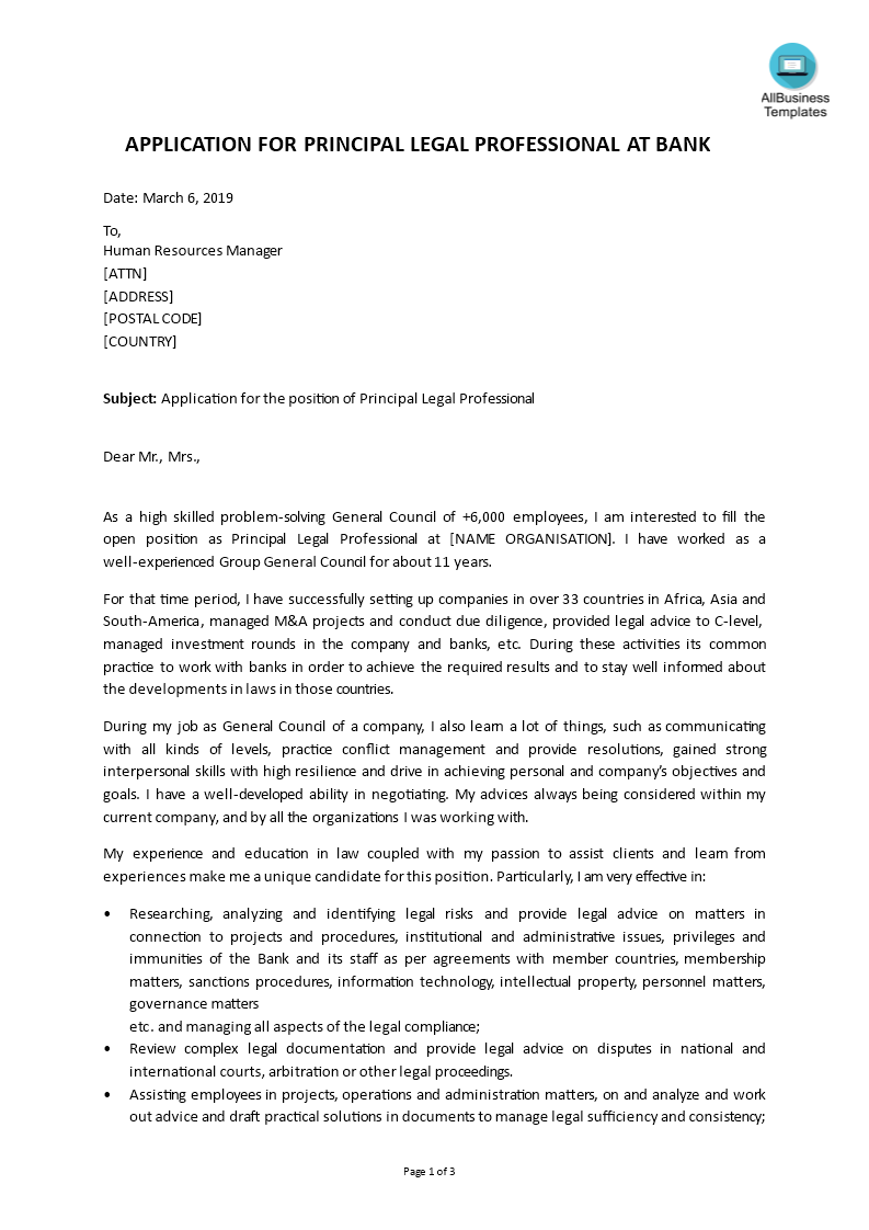 principal legal professional cover letter Hauptschablonenbild