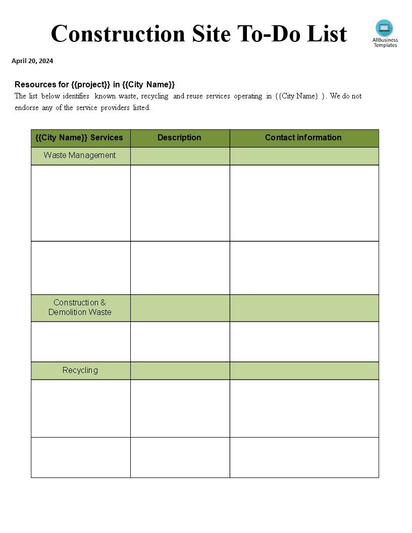 construction site to do list template