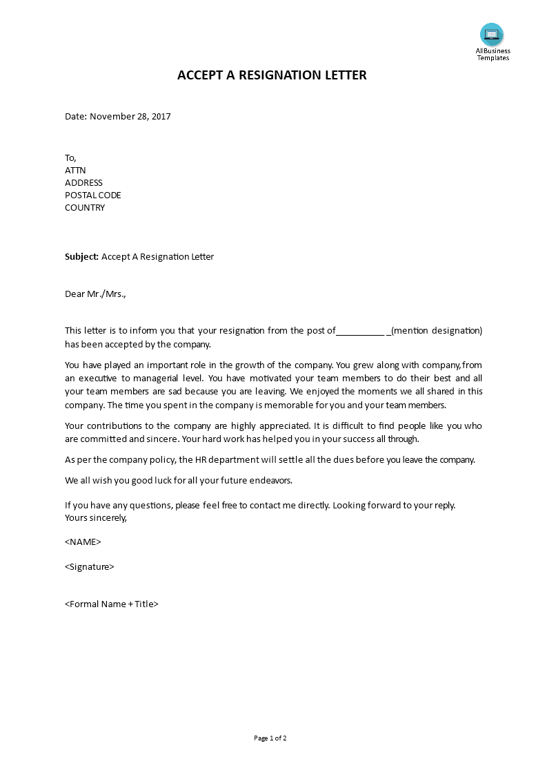 accept a resignation letter template