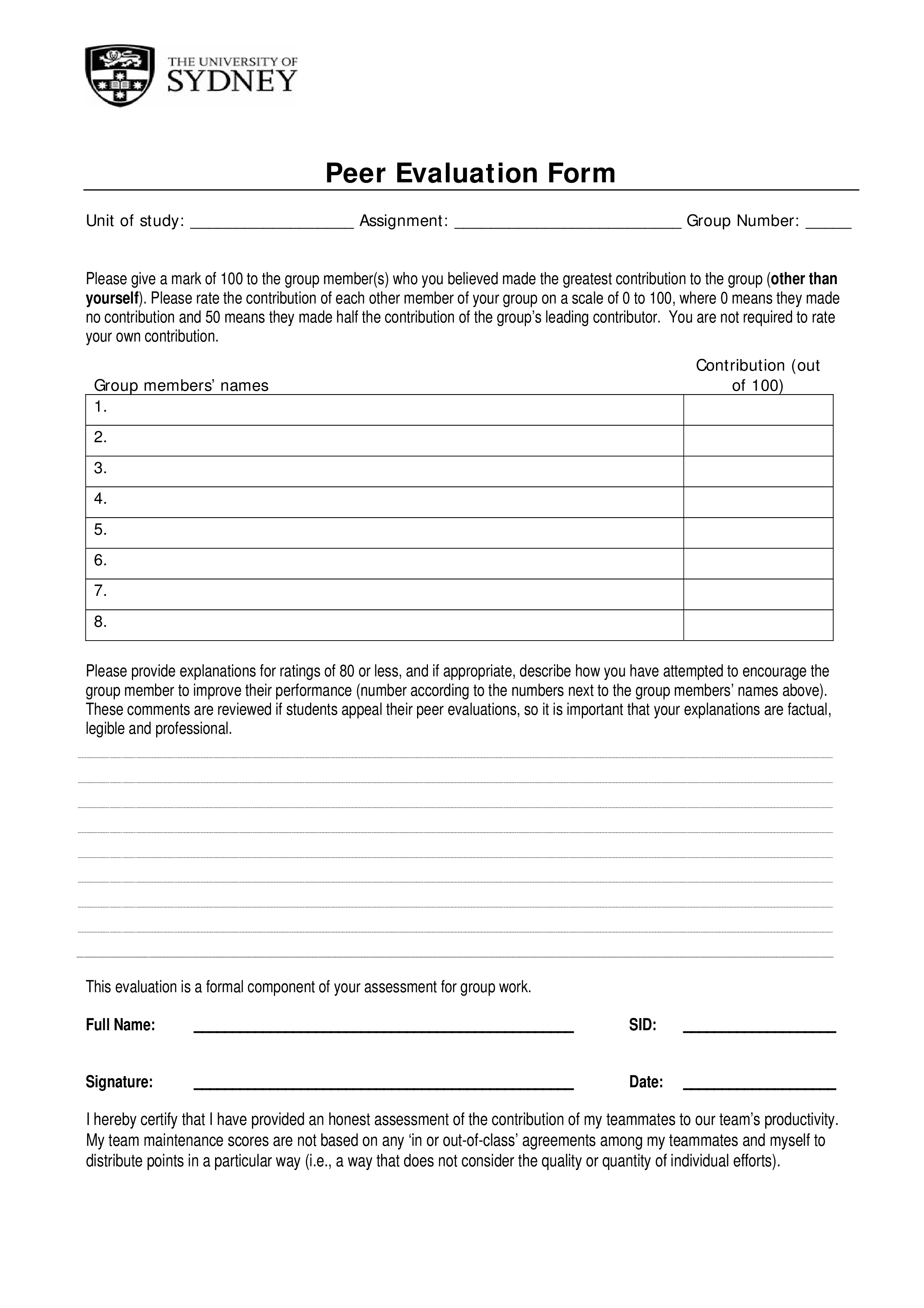 peer evaluation assessment form Hauptschablonenbild