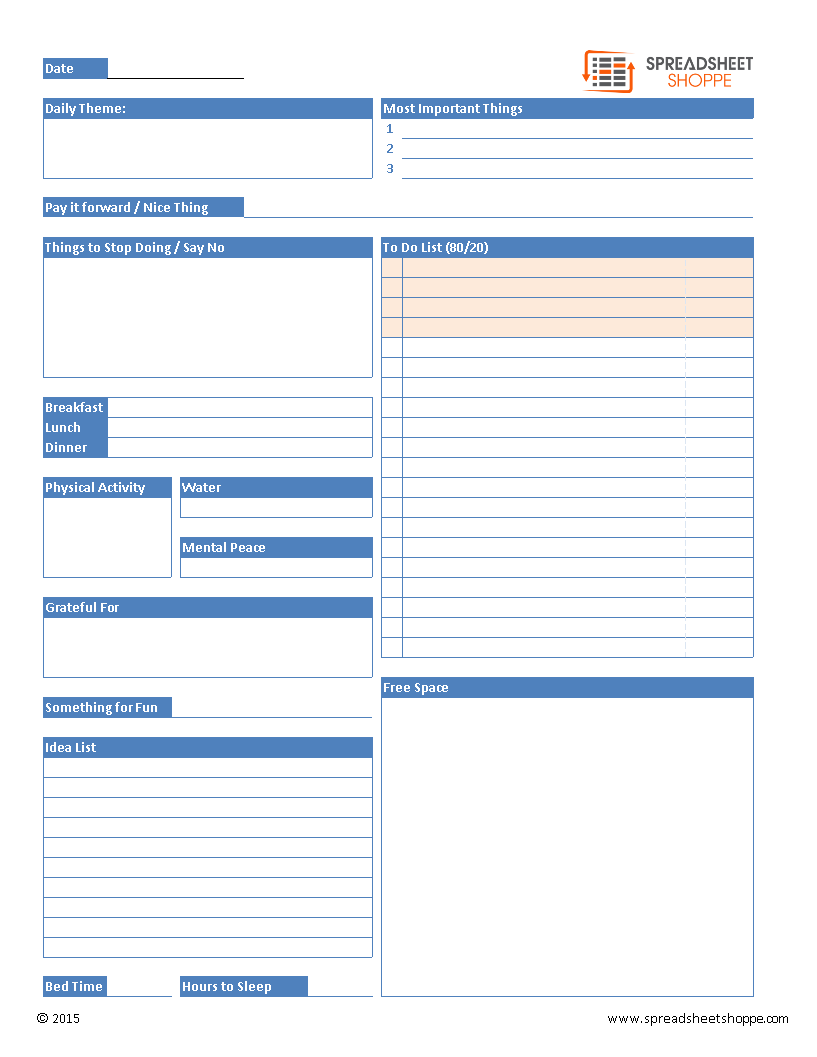 daily planner spreadsheet voorbeeld afbeelding 