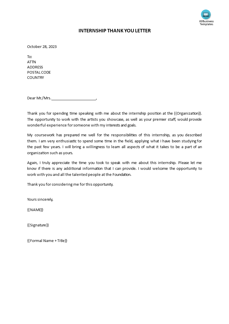 internship interview thank you letter template