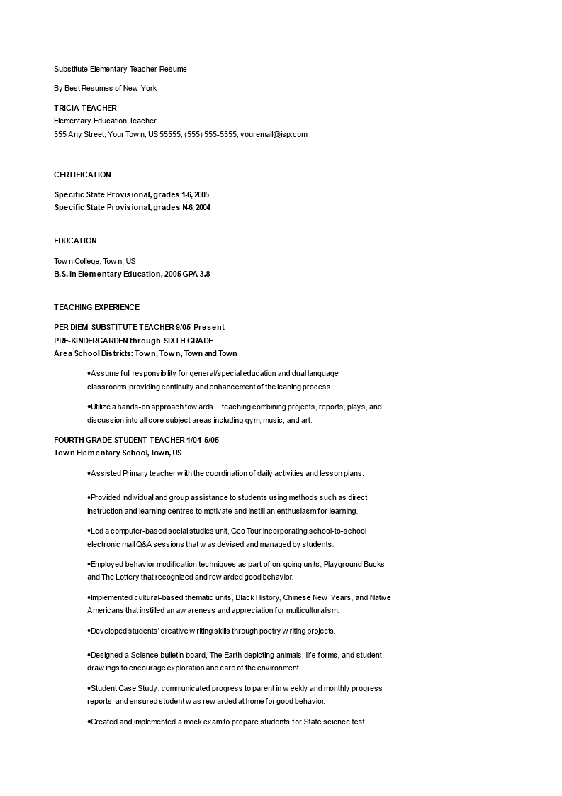 substitute elementary teacher resume voorbeeld afbeelding 