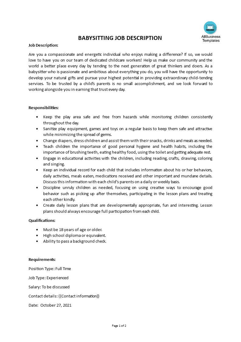 babysitting job description template