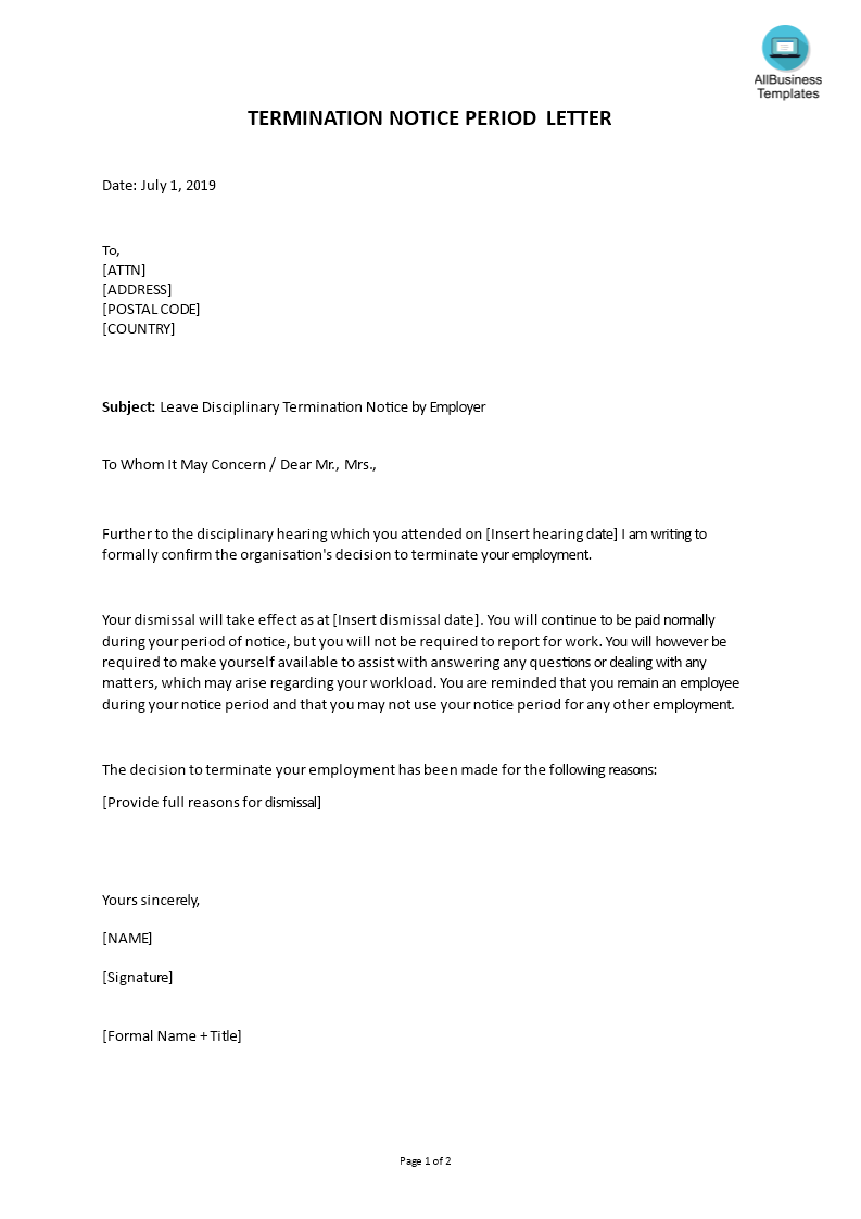 leave disciplinary termination notice period letter Hauptschablonenbild