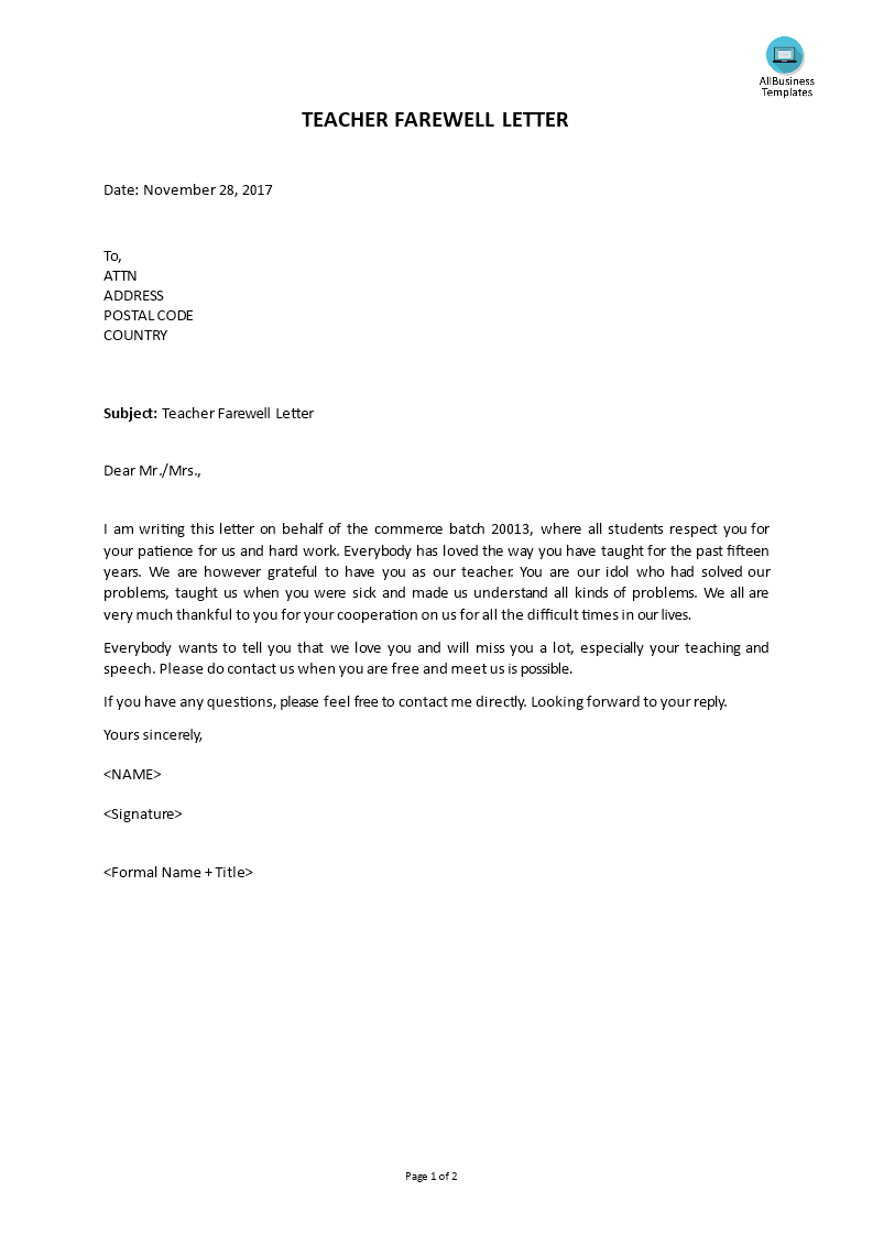 teacher farewell letter template