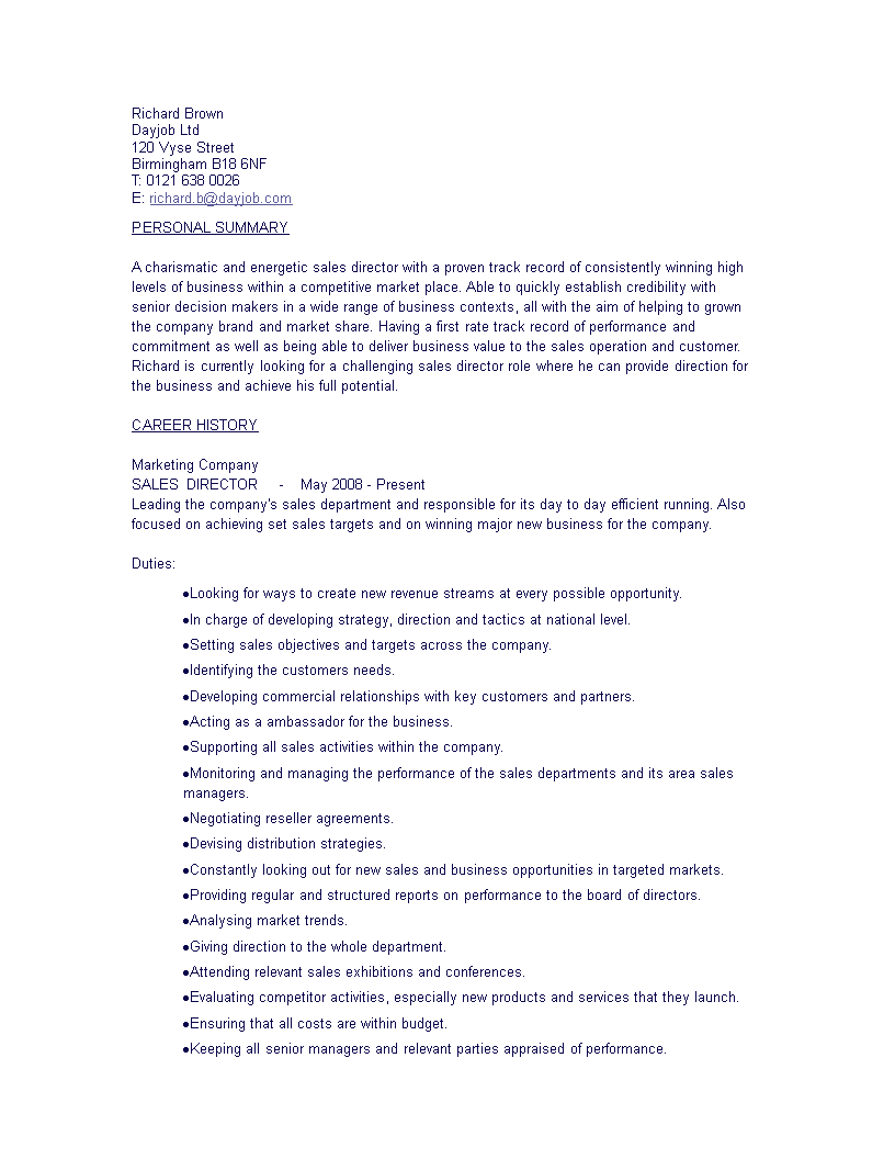 Sales Director Curriculum Vitae main image