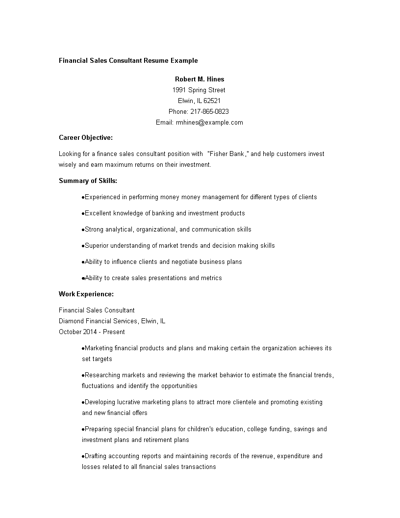 financial sales consultant resume modèles