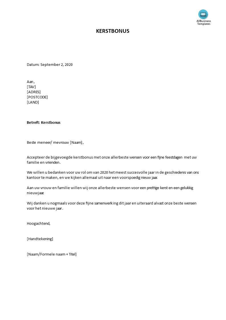 kerst bonus brief template voorbeeld afbeelding 