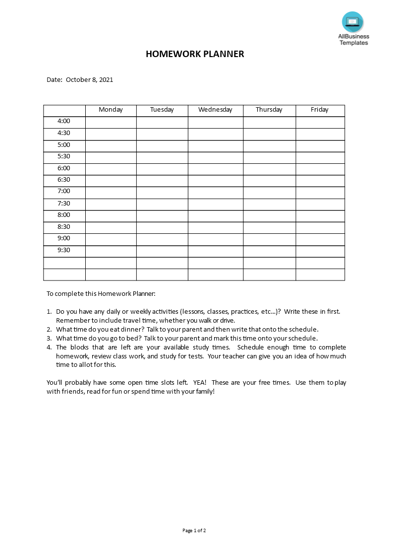 homework planner template