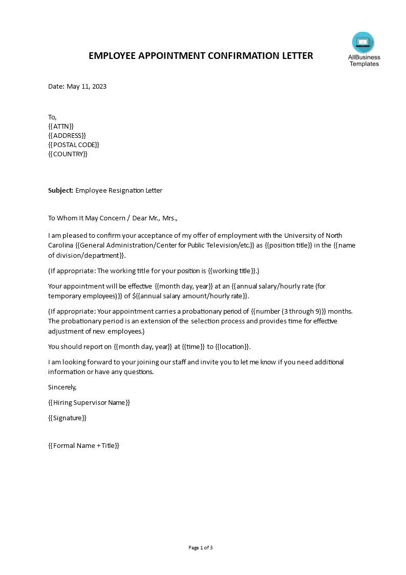 Confirmation Letter Employee Appointment | Templates at