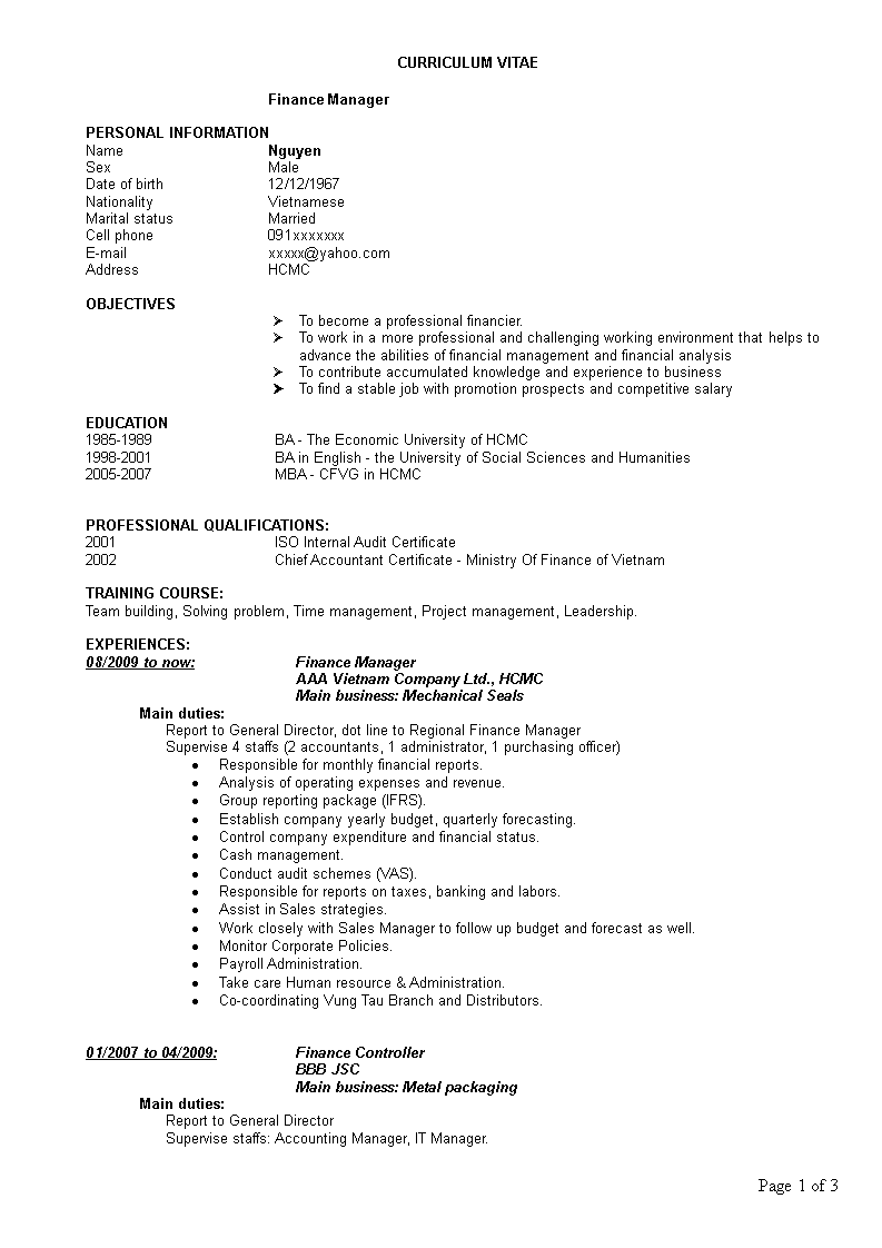 Senior Finance Manager Resume sample main image