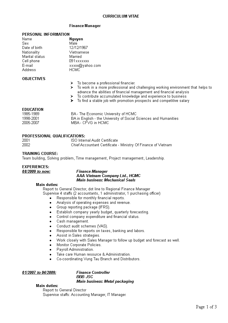 Senior Finance Manager Resume sample 模板