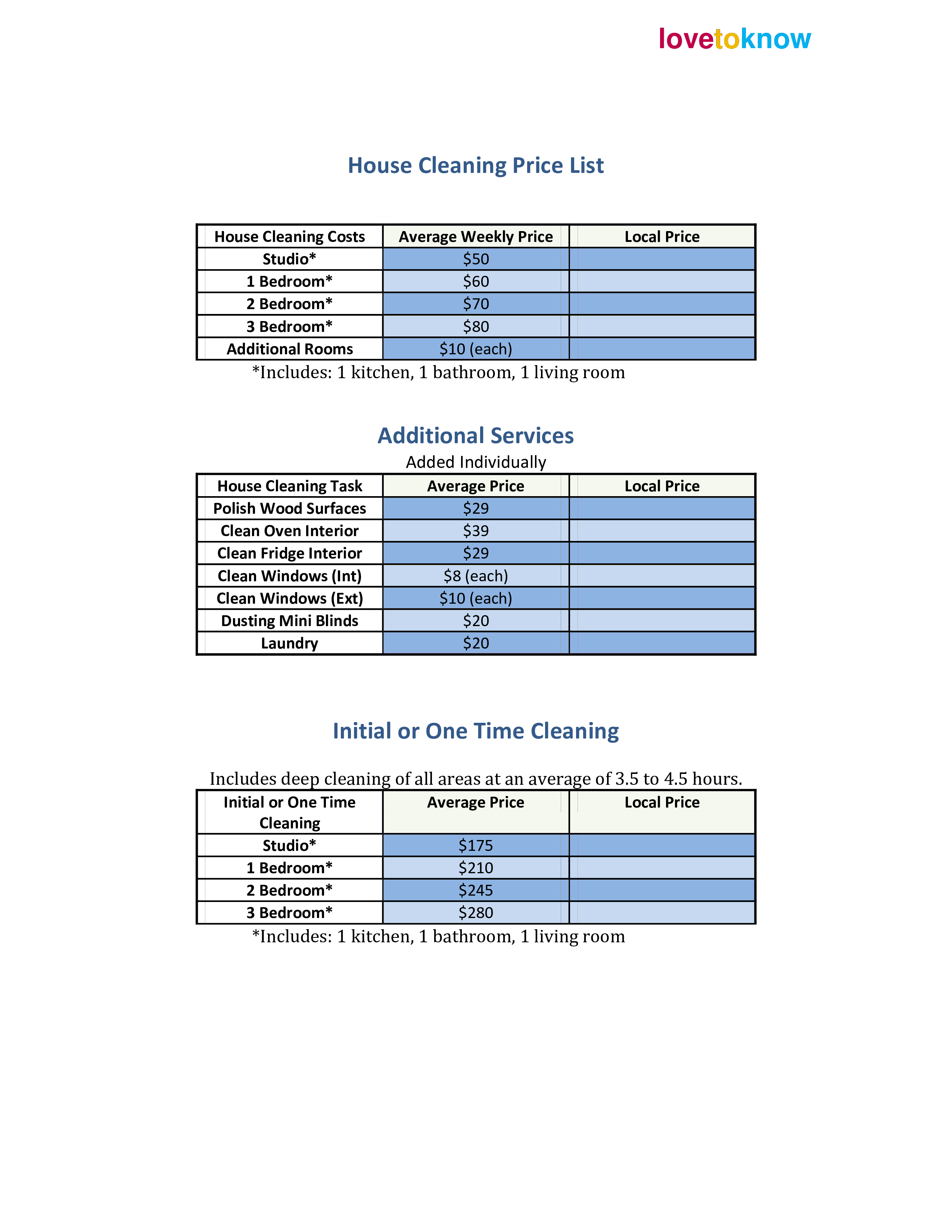 house cleaning price list Hauptschablonenbild