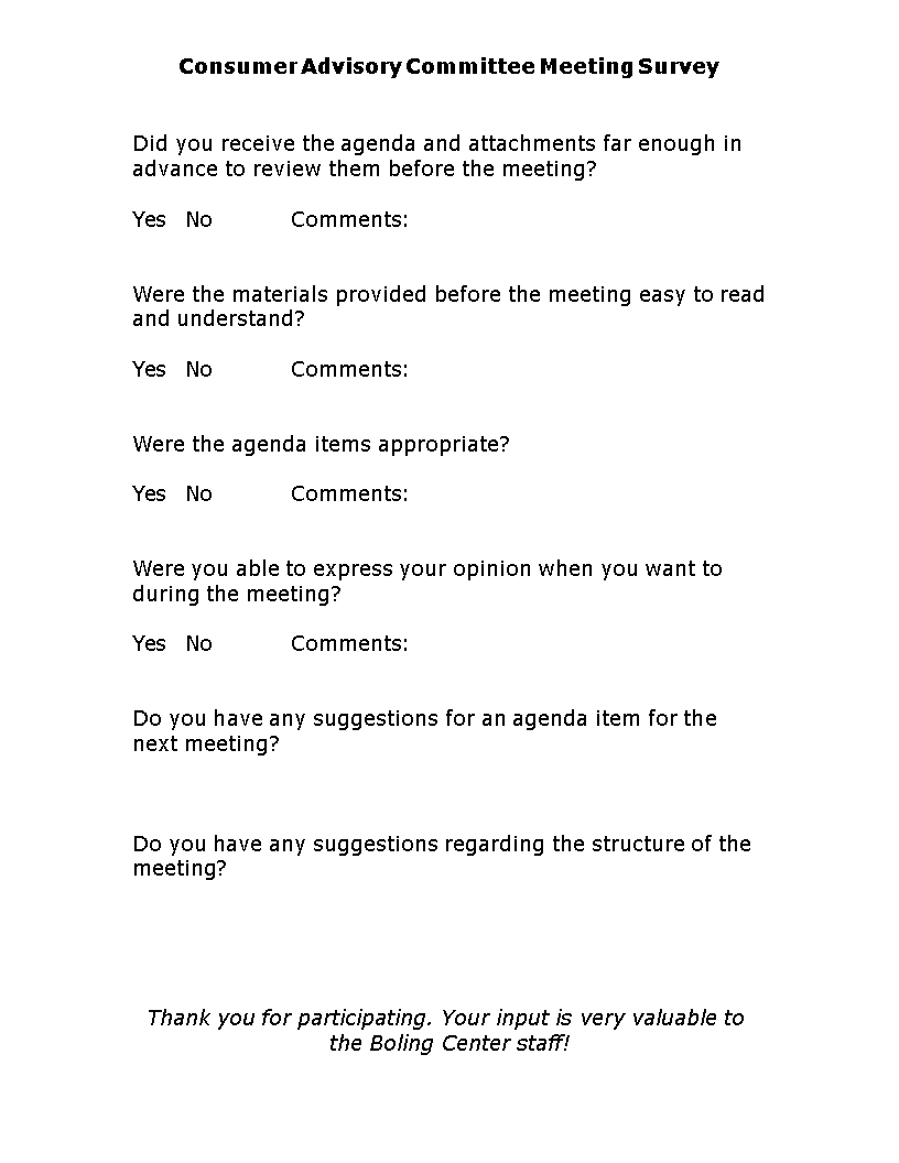 consumer advisory committee meeting survey template