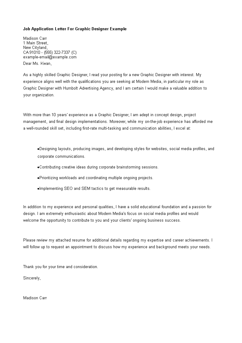 job application letter for graphic designer  template