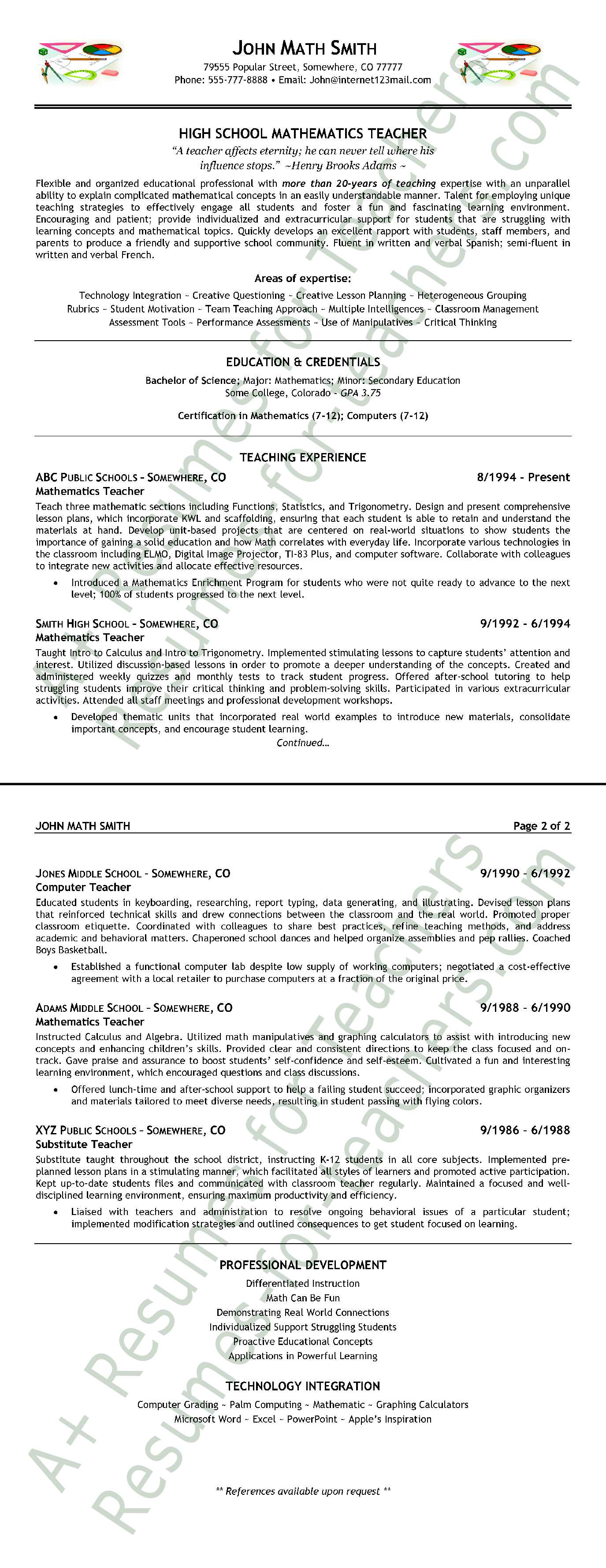 high school mathematics teacher resume format template