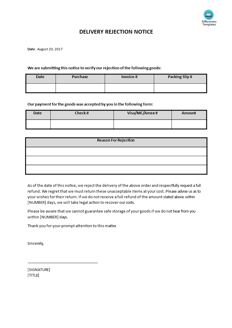 delivery rejection notice template
