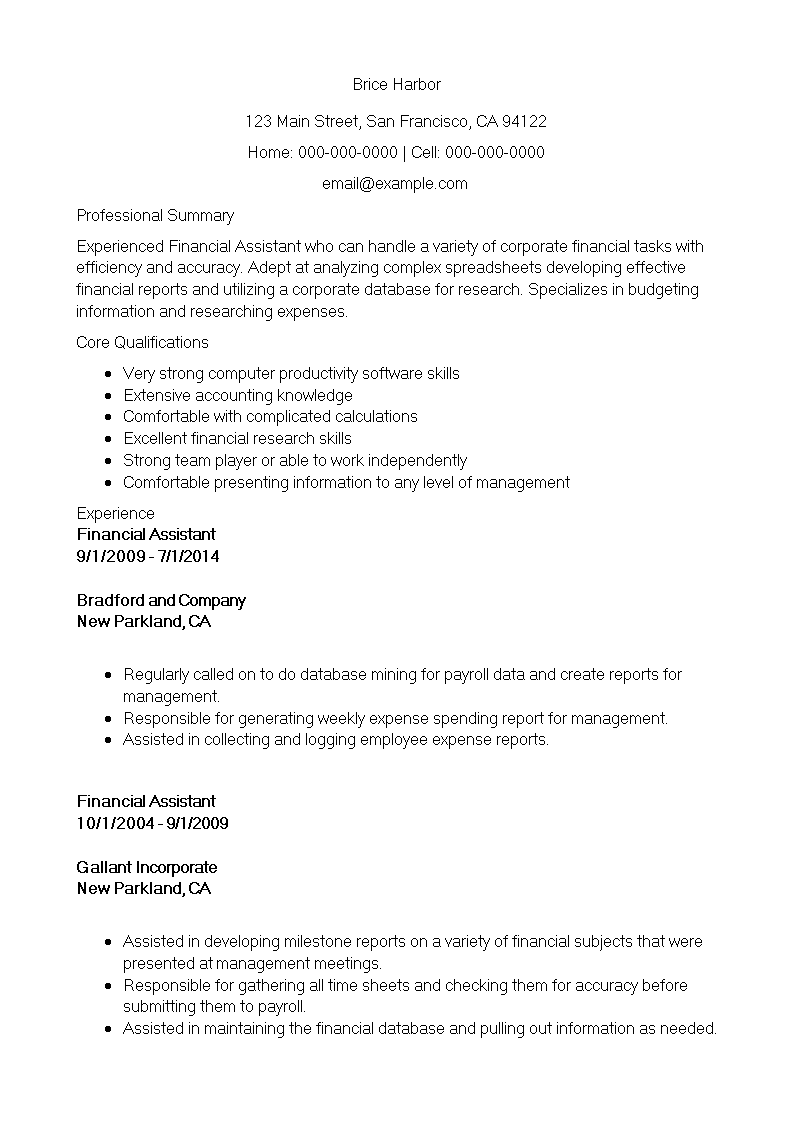 financial sales assistant resume plantilla imagen principal