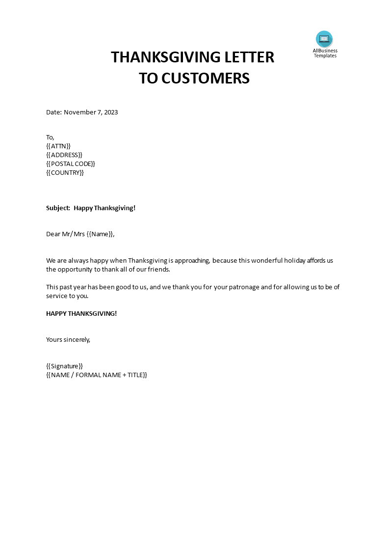 Happy Thanksgiving letter template Templates at
