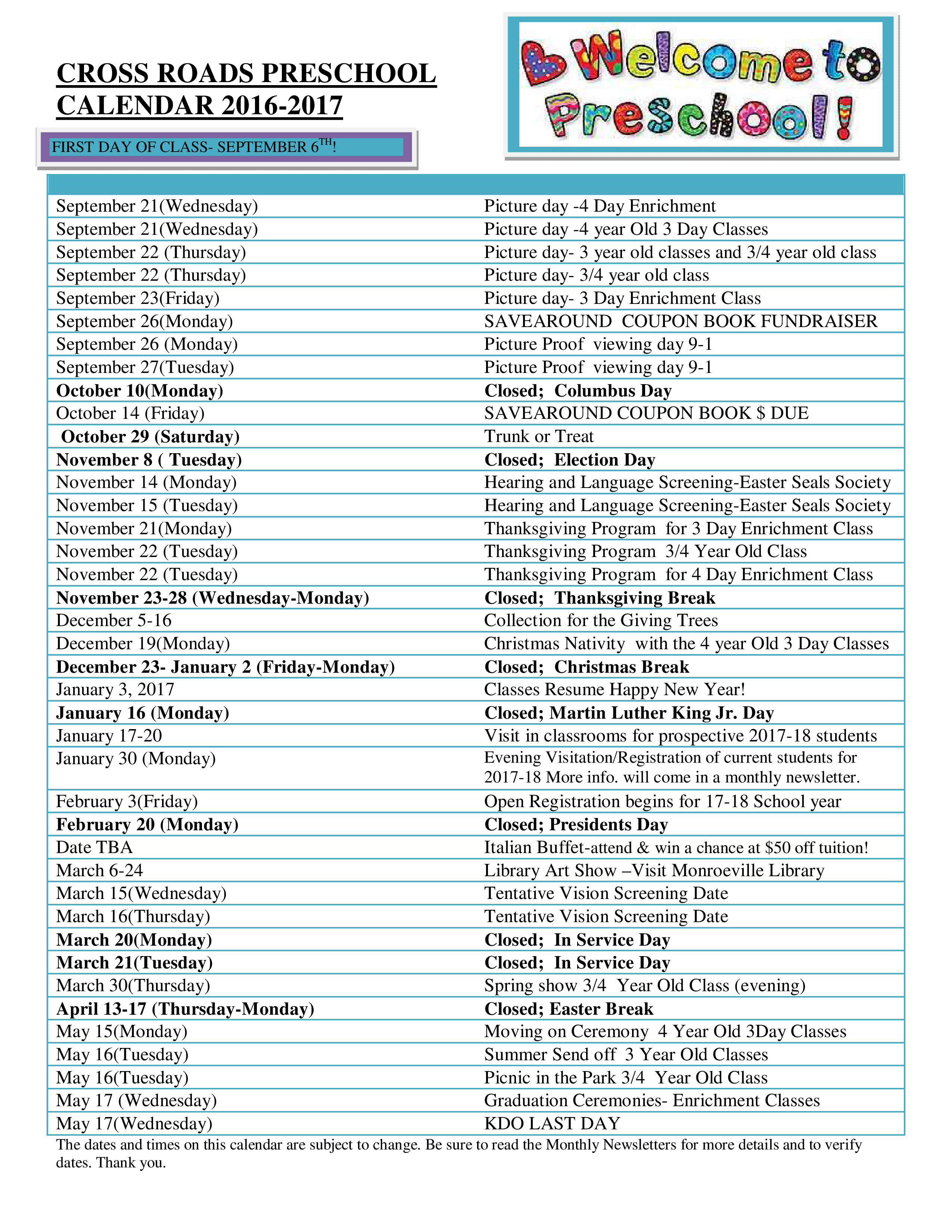 Printable Preschool Calendar main image