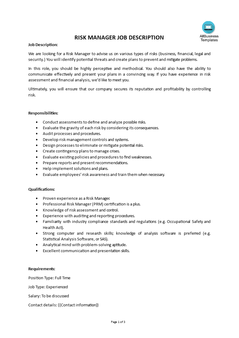 risk manager job description modèles