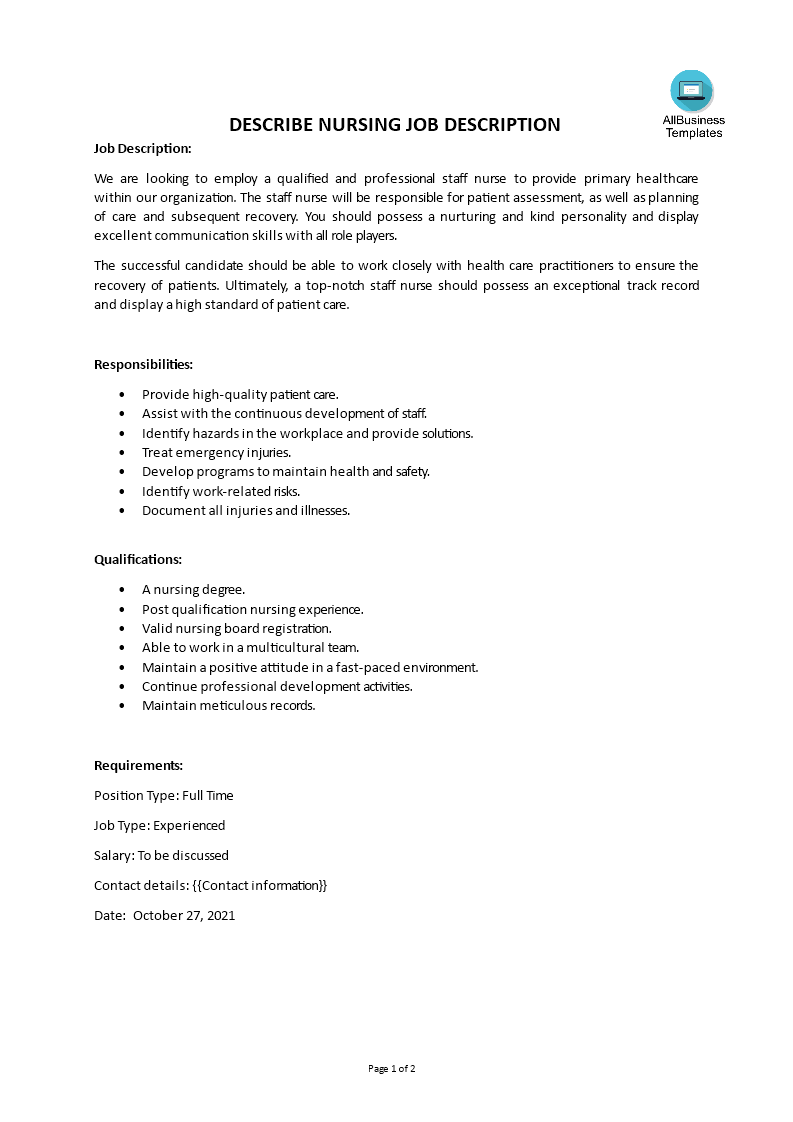 describe nursing job description template