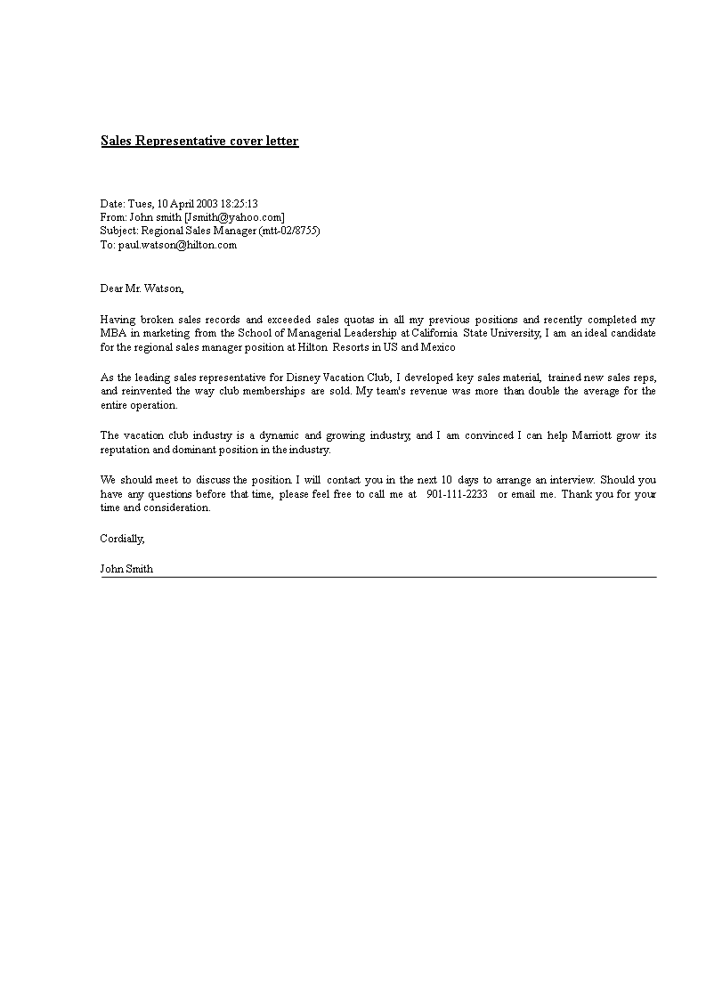 sales representative cover letter template