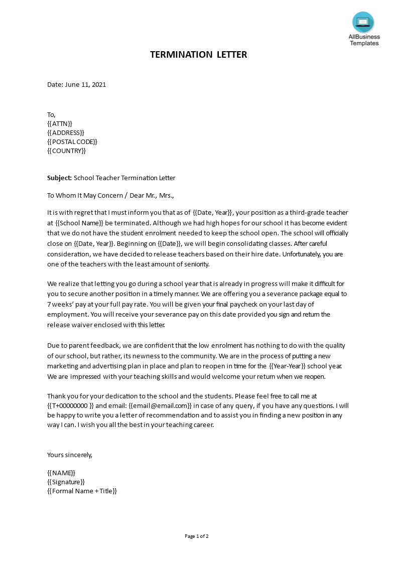 School Teacher Termination Letter main image