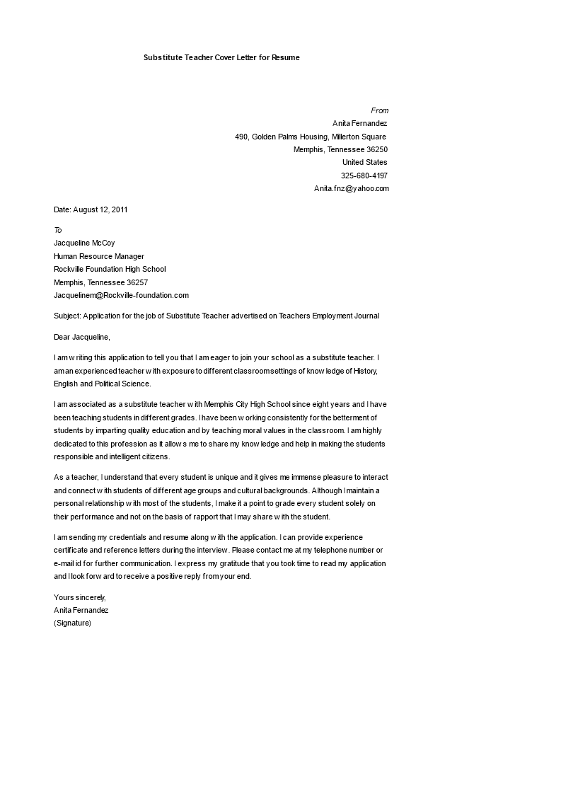 substitute teacher resume cover letter voorbeeld afbeelding 