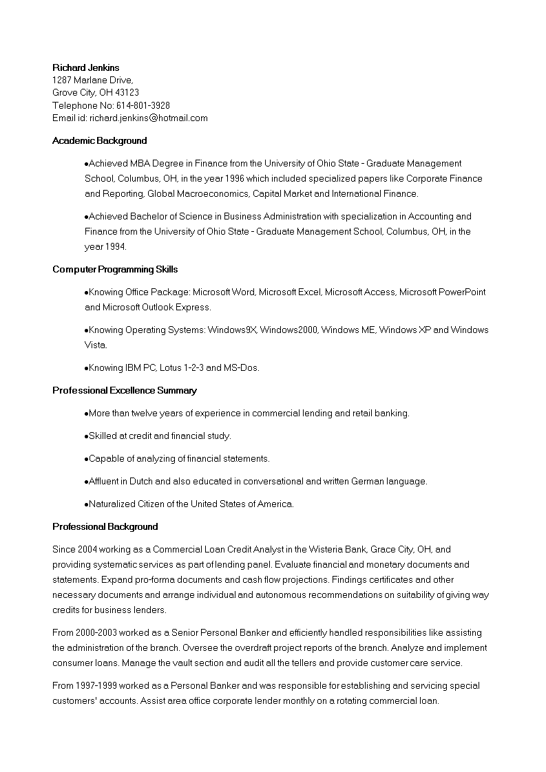 Corporate Banking Credit Analyst Resume template 模板