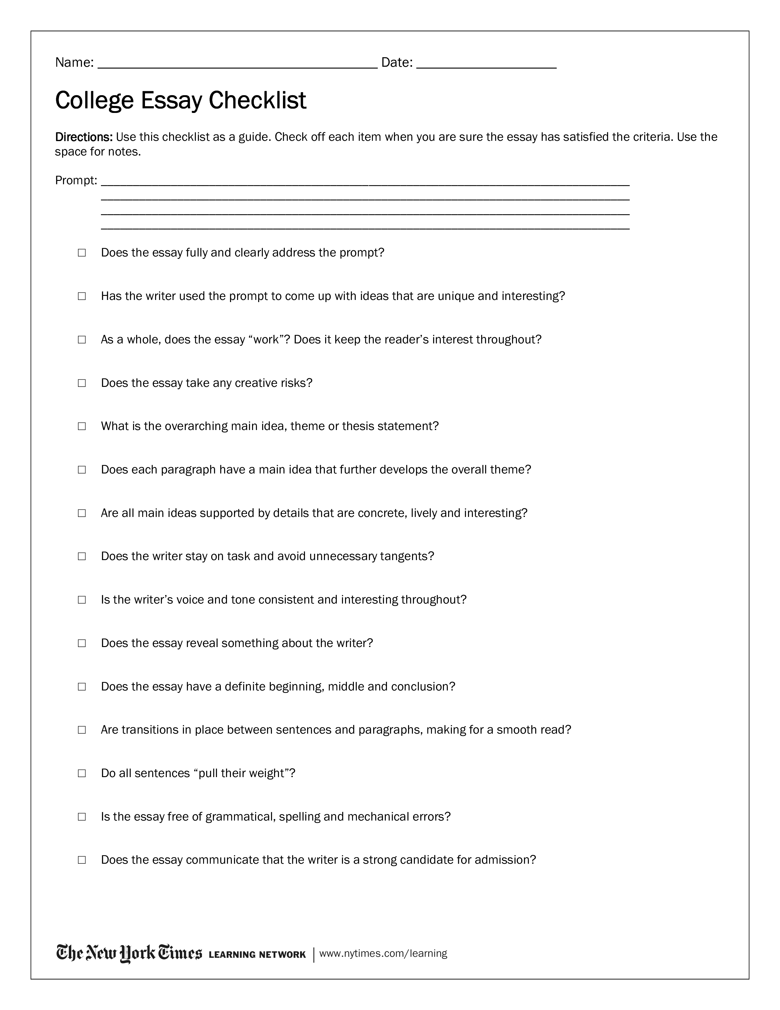 checklist writing a college essay