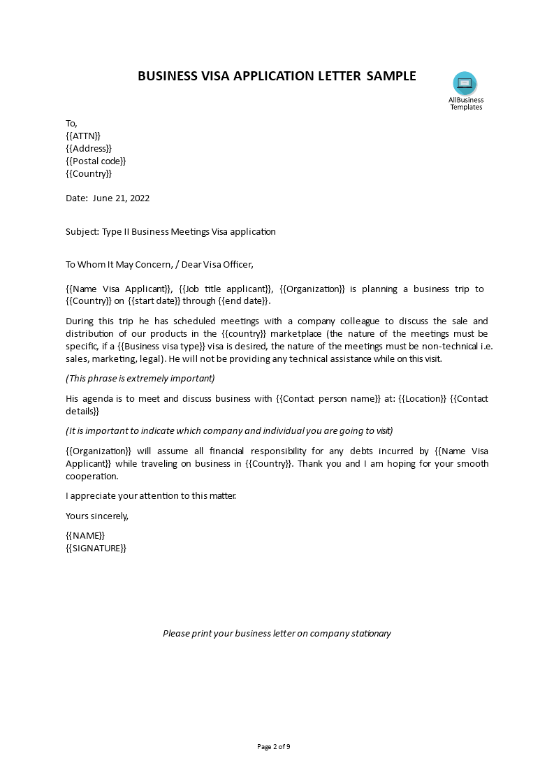 visa application business trip letter template