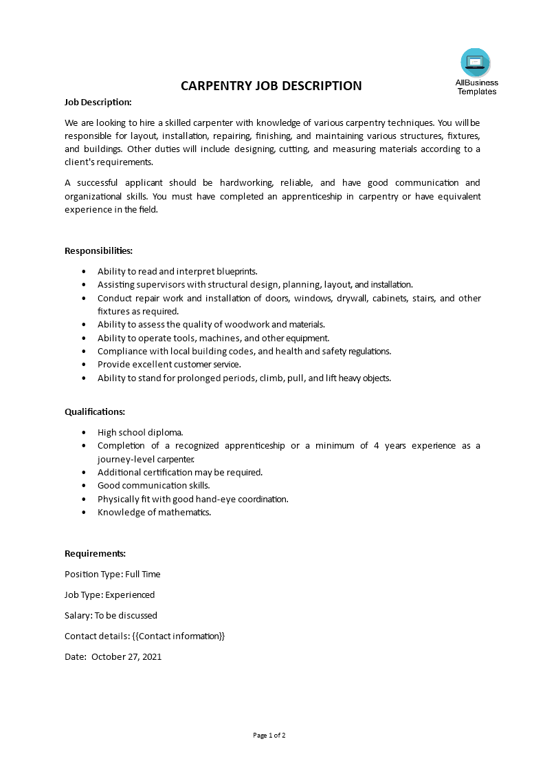 carpentry job description template