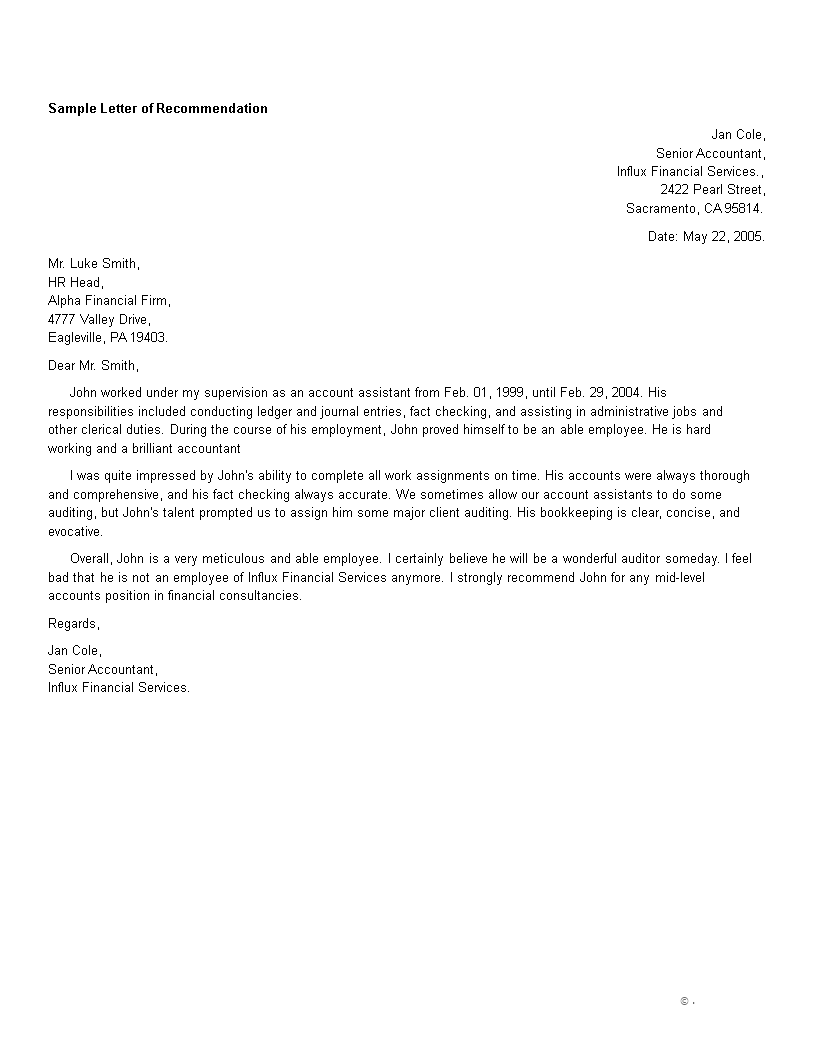 Kostenloses Accountant Job Reference Letter