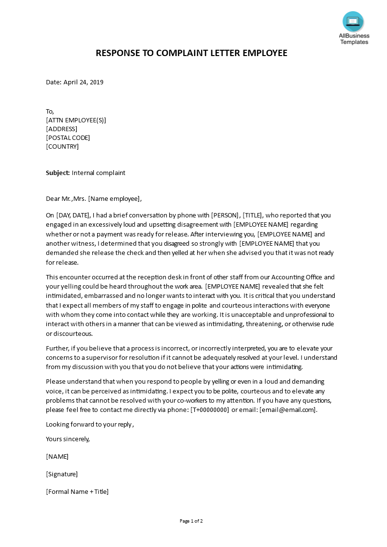 Sample Response To Complaint Letter On Employee  Templates at