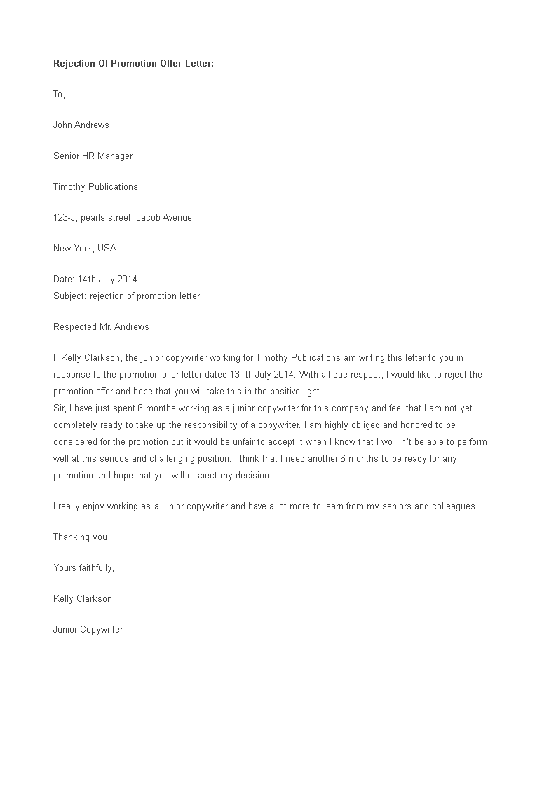 promotion offer rejection letter template