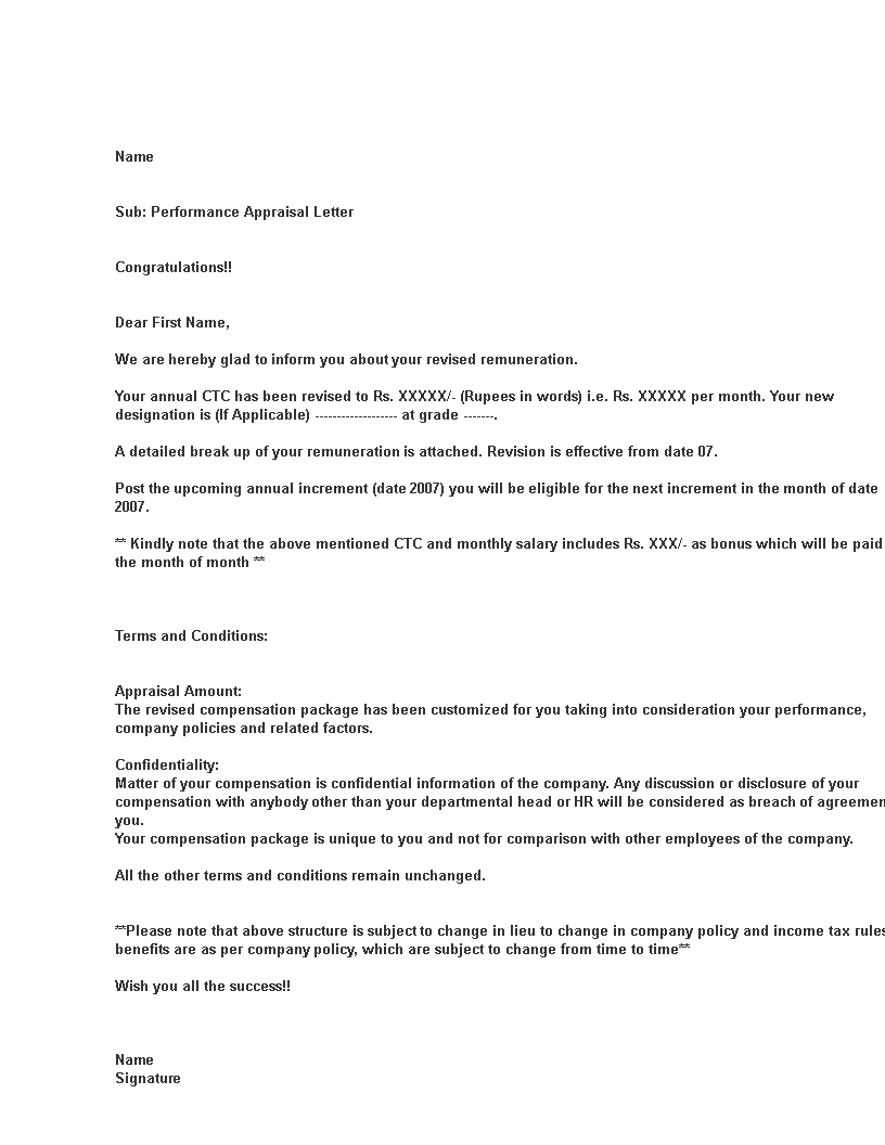 performance appraisal letter from company template