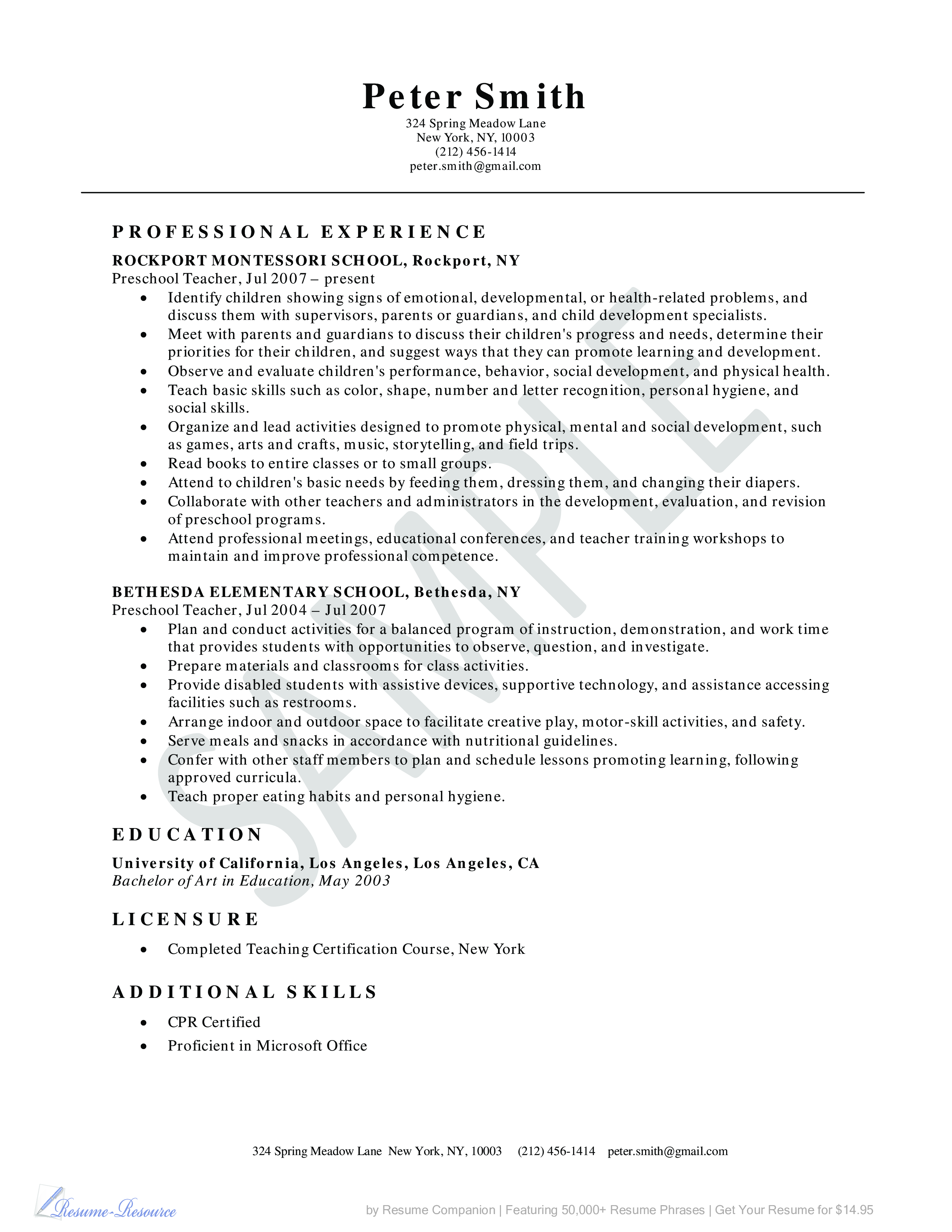 sample montessori preschool teacher resume modèles