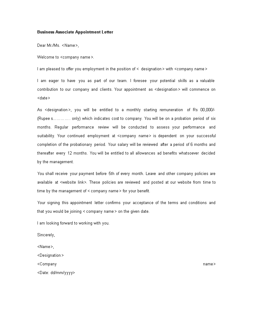Business Associate Appointment Letter main image